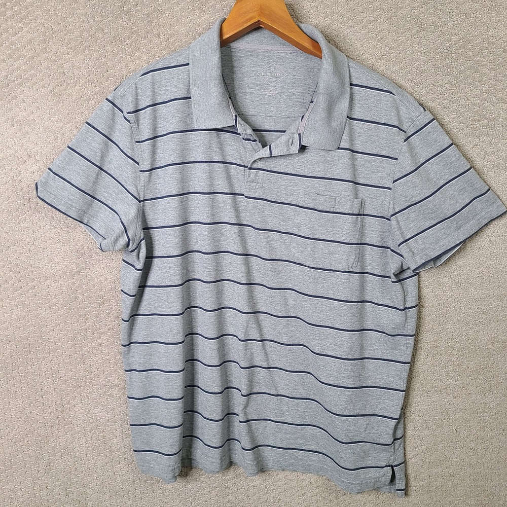 St Johns Bay Shirt Mens XL‎ Gray Striped Polo Pocket Cotton Blend Short Sleeve